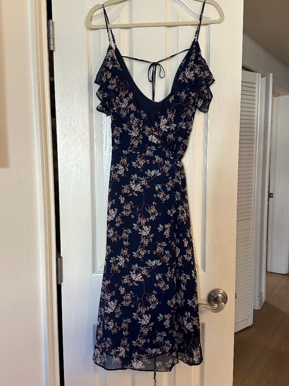 Lumiere - Navy Floral - Midi Wrap Dress with Flutter Sleeve - S